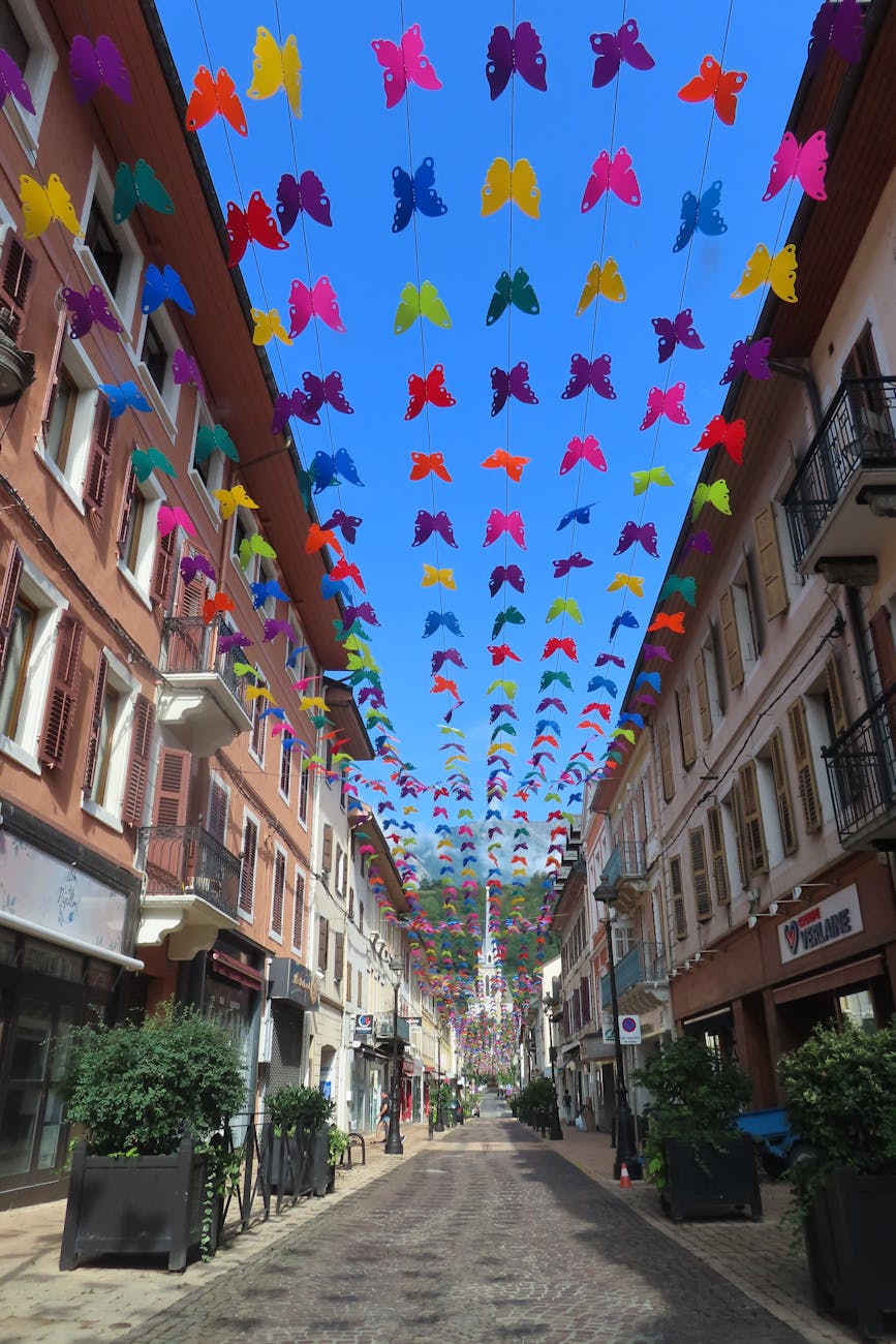 Décorations papillons sur une rue d'Albertville