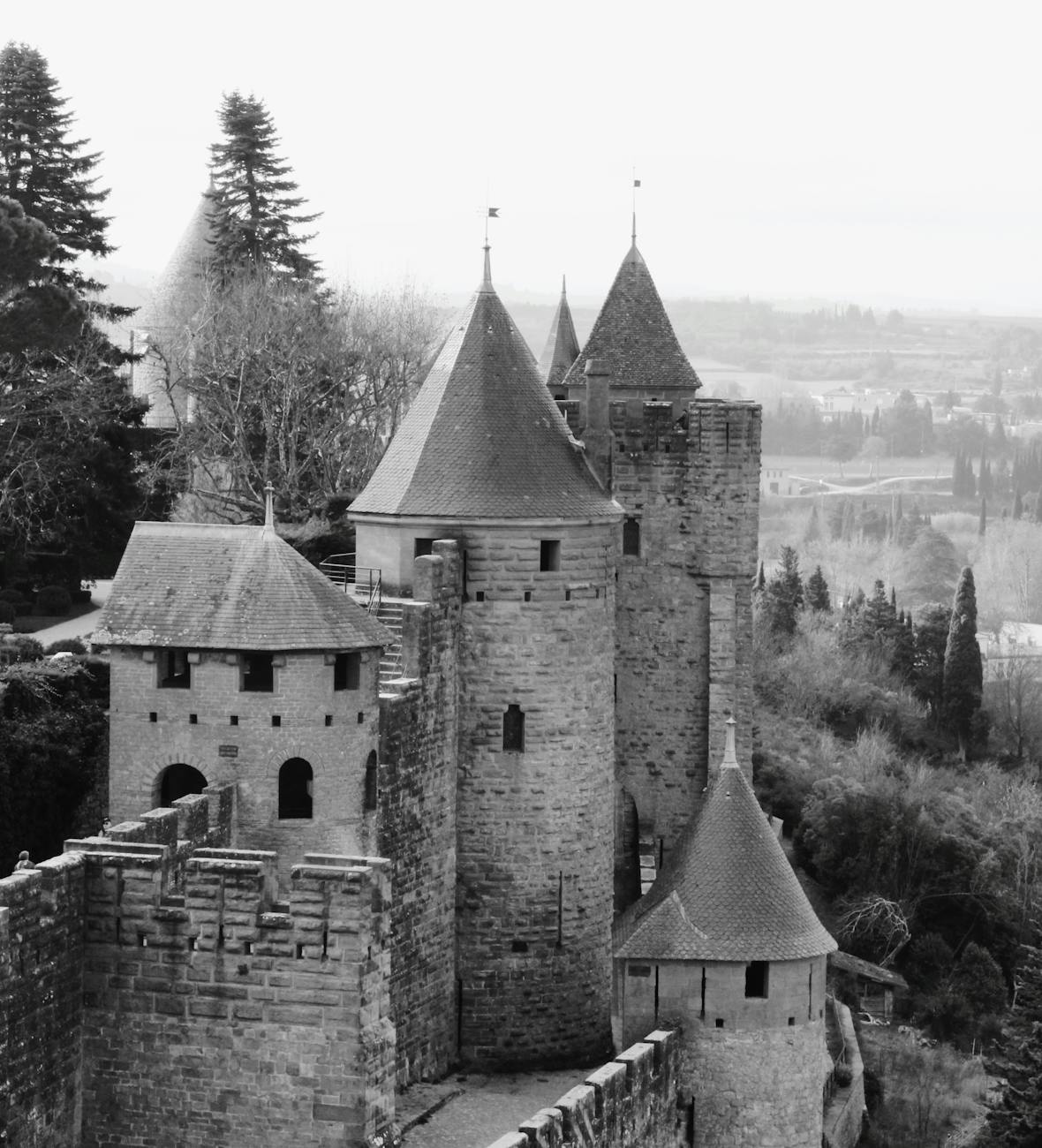 Cité médiévale de Carcassonne en noir et blanc avec ses tours et remparts
