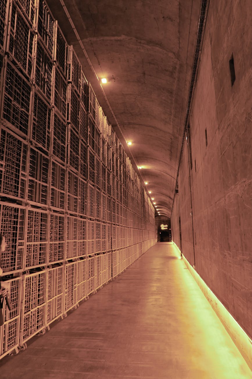 Tunnel de cave à champagne avec rangées de bouteilles sous éclairage tamisé