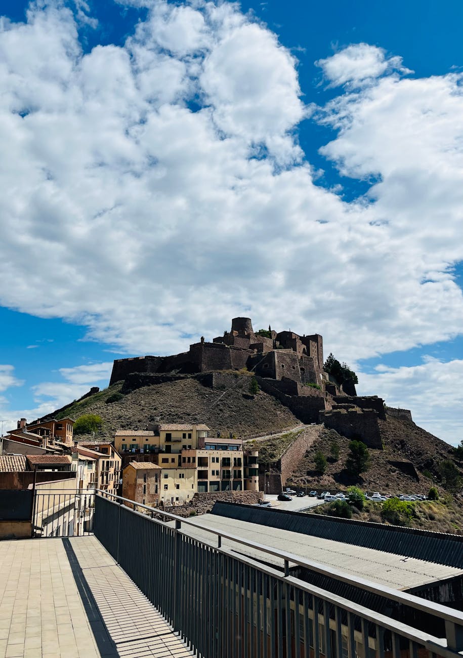 Vue panoramique d'un château médiéval perché sur une colline dominant un village