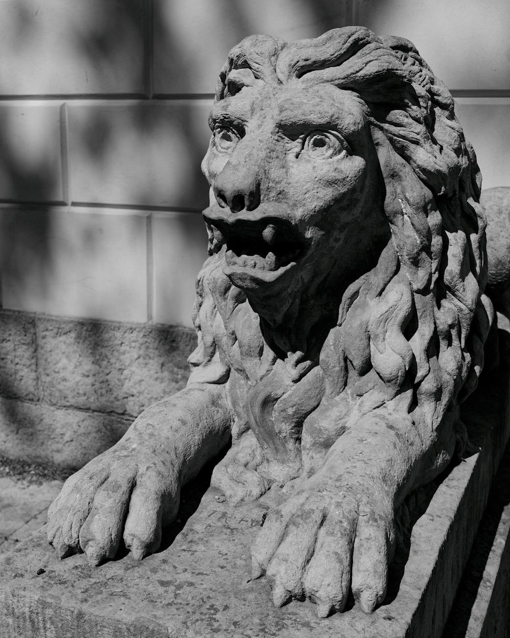 Sculpture en pierre représentant un lion expressif