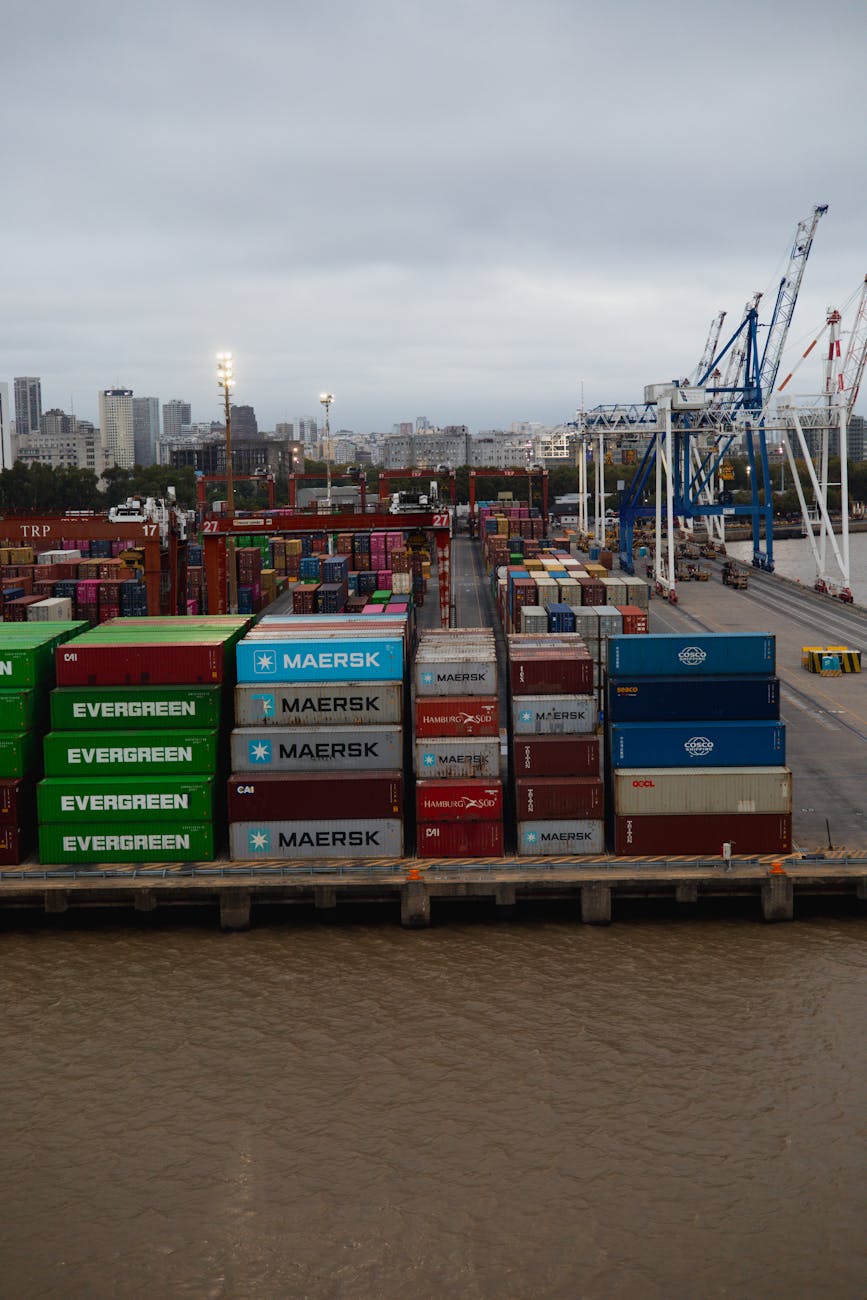 Port de conteneurs avec grues et empilements