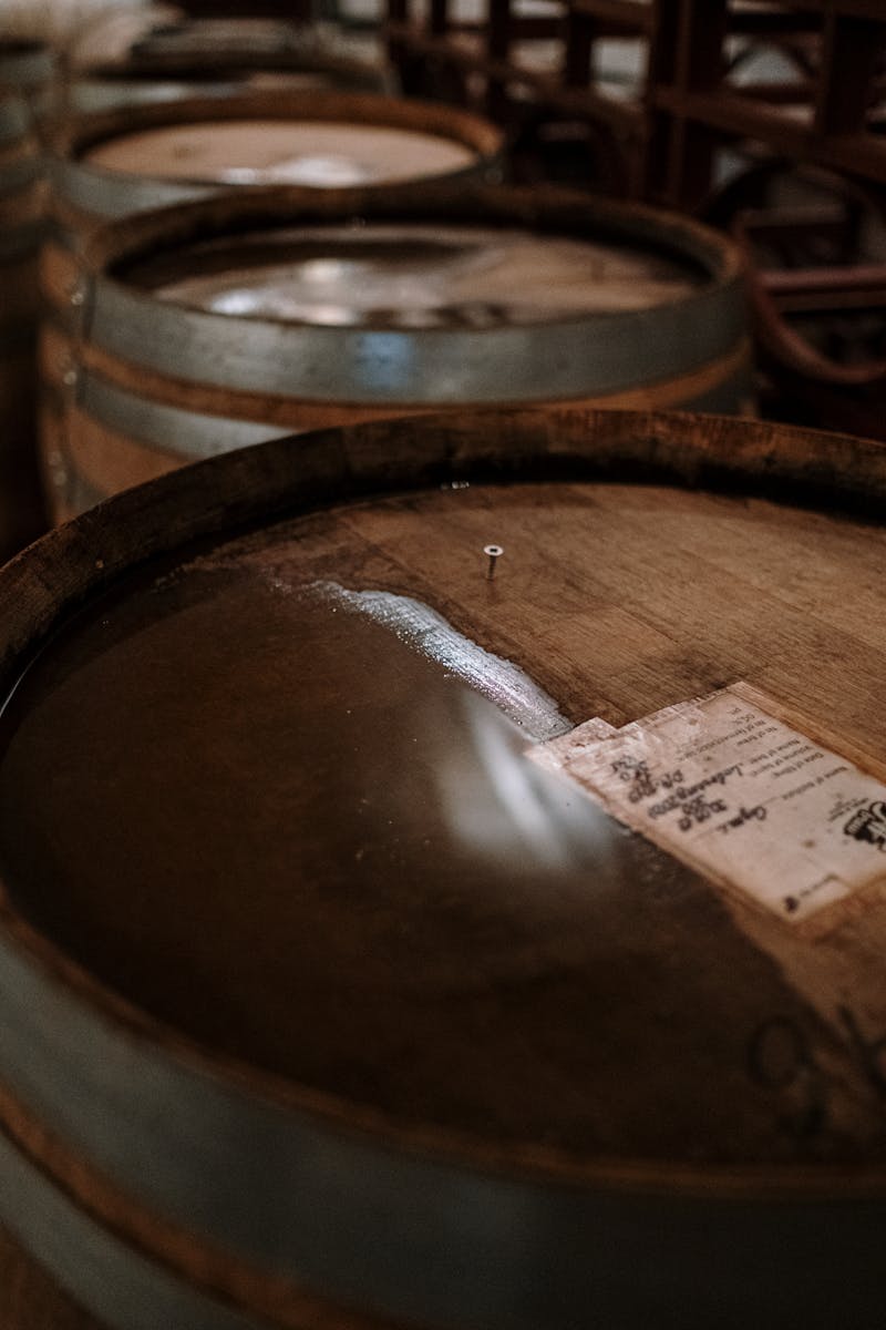 Barriques de chêne dans une cave faiblement éclairée pour la fermentation