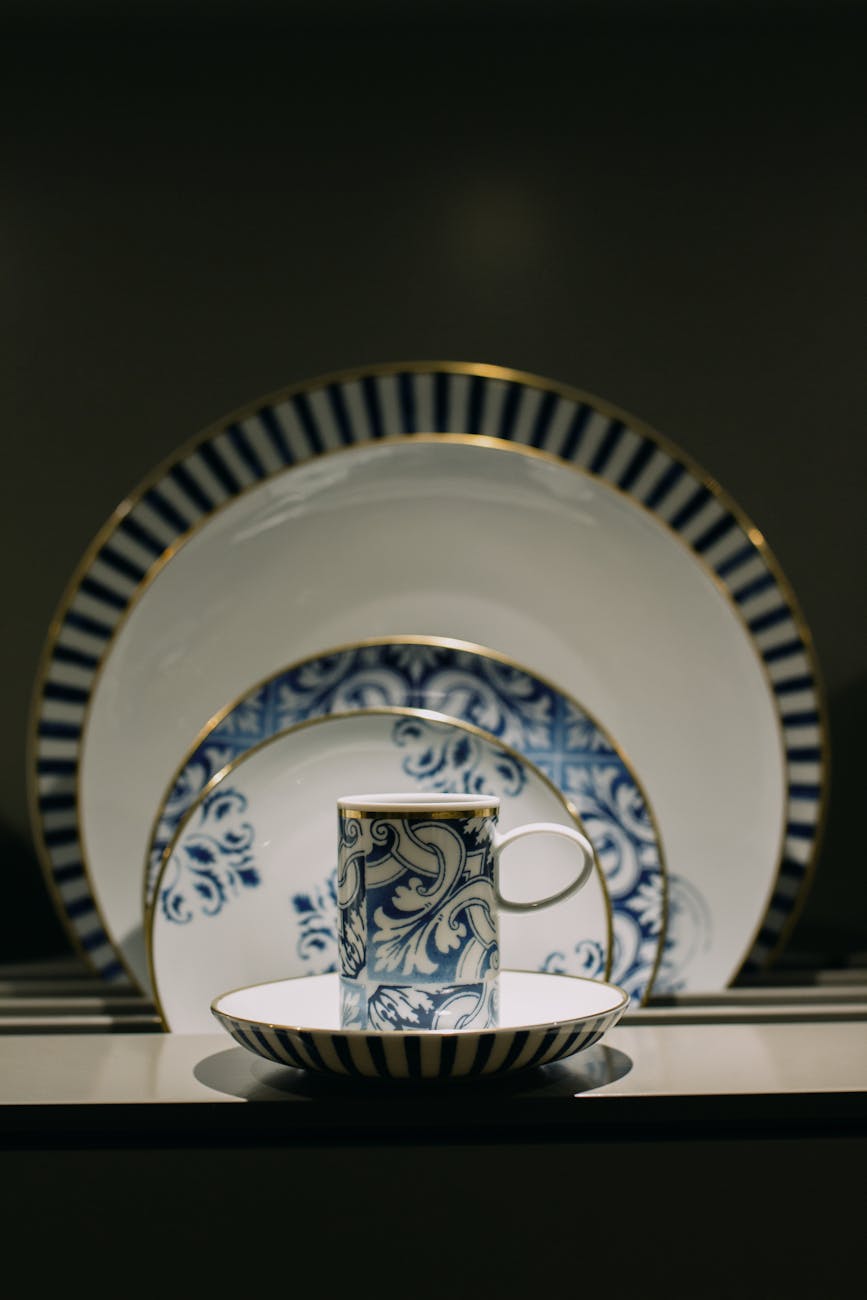 Vaisselle en porcelaine bleue et blanche aux motifs sophistiqués