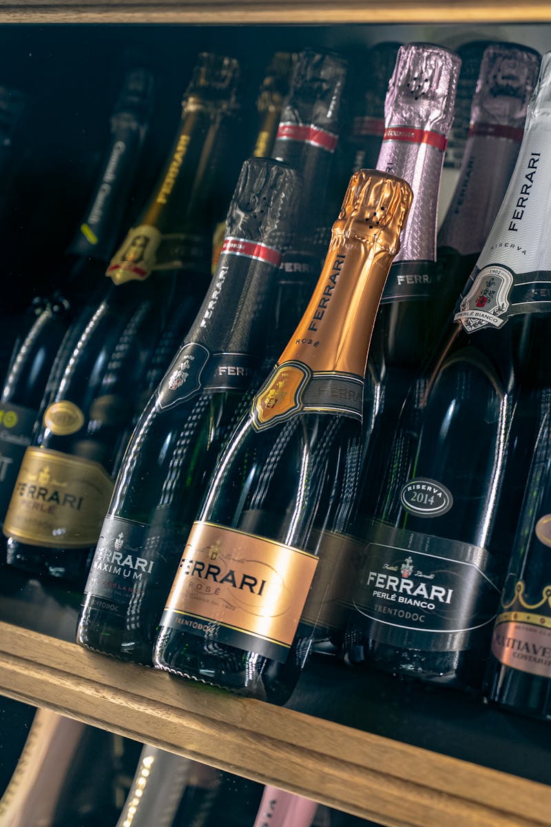 Bouteilles de vins effervescents alignées sur des étagères en cave