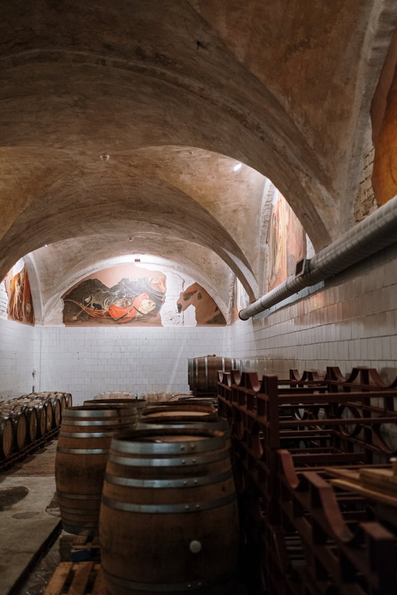 Tonneaux en bois alignés dans une cave de stockage à l'éclairage feutré
