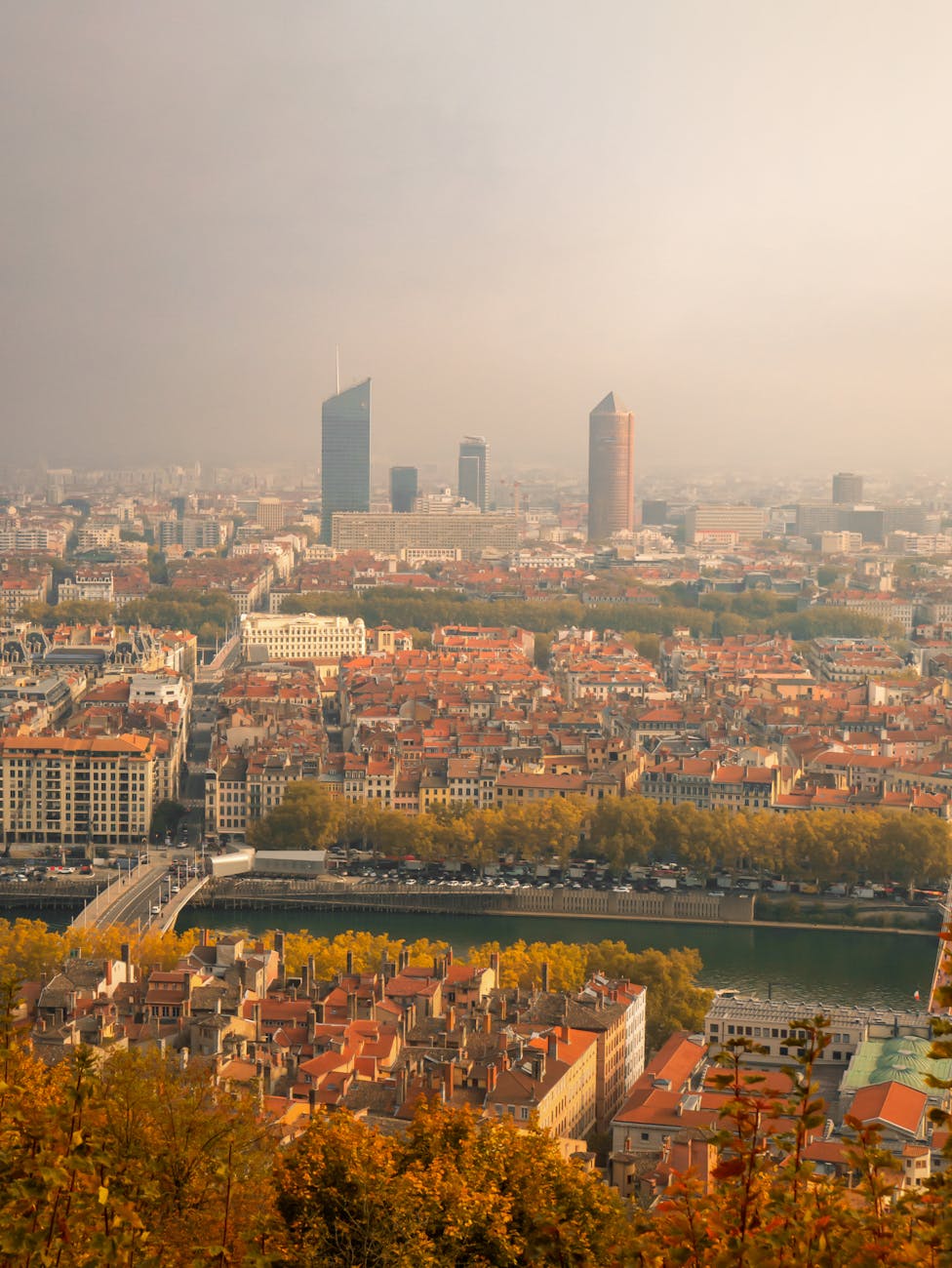 Vue aérienne de Lyon avec le Rhône et les tours de la Part-Dieu