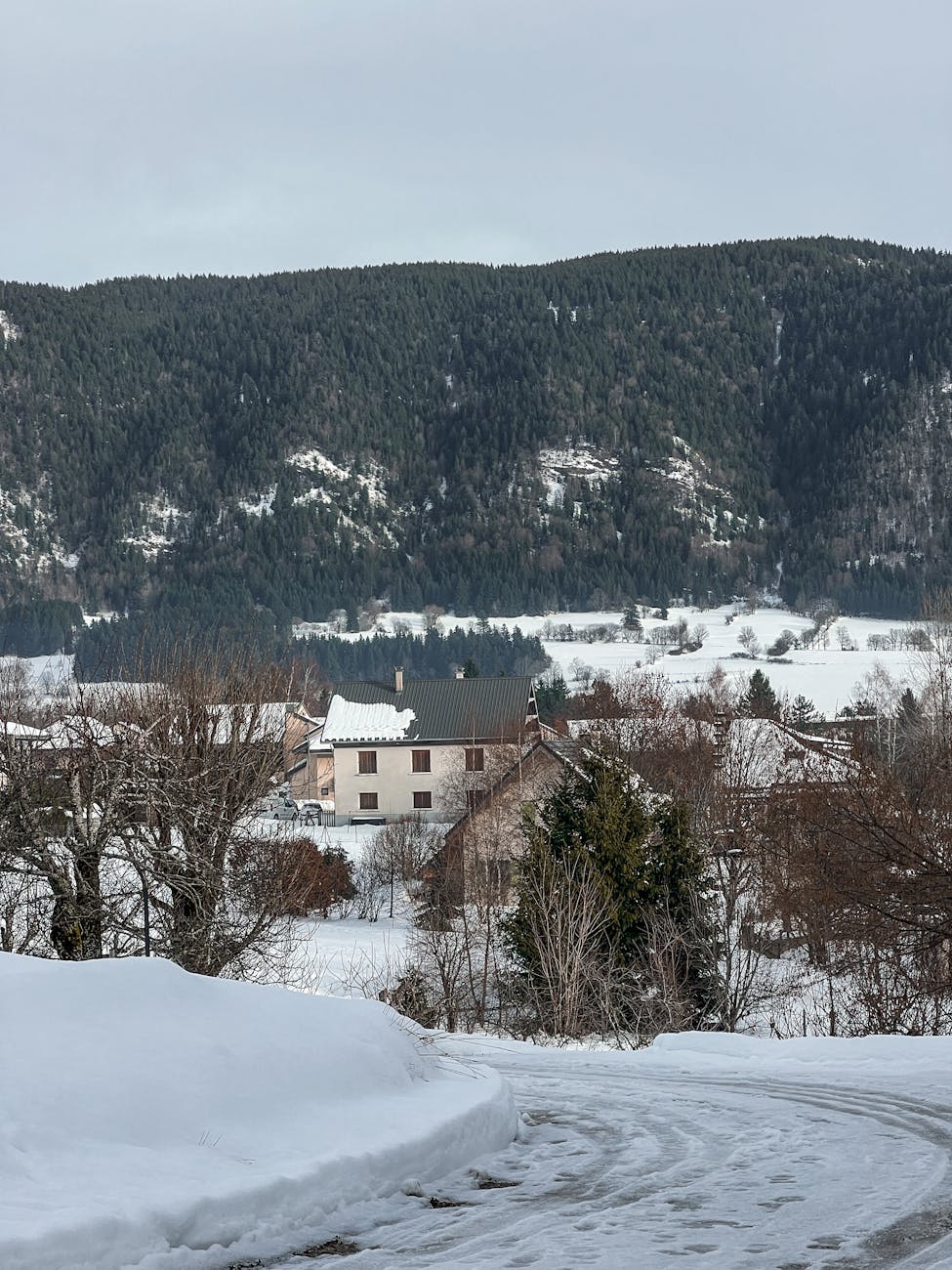 Vue hivernale charmante d'un village enneigé contre des montagnes boisées en Auvergne-Rhône-Alpes
