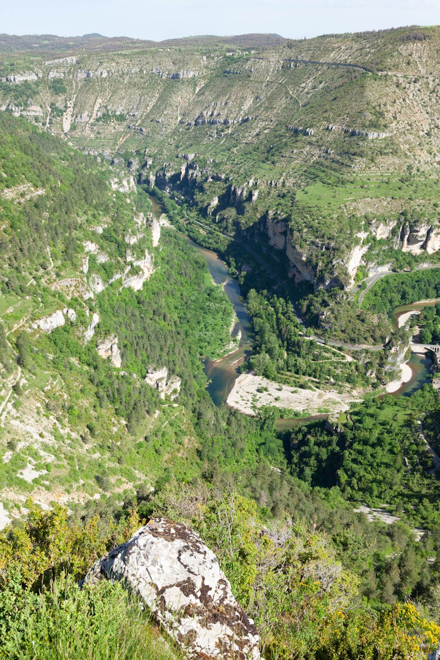 Vue aérienne d'une gorge boisée et rivière, sud de la France