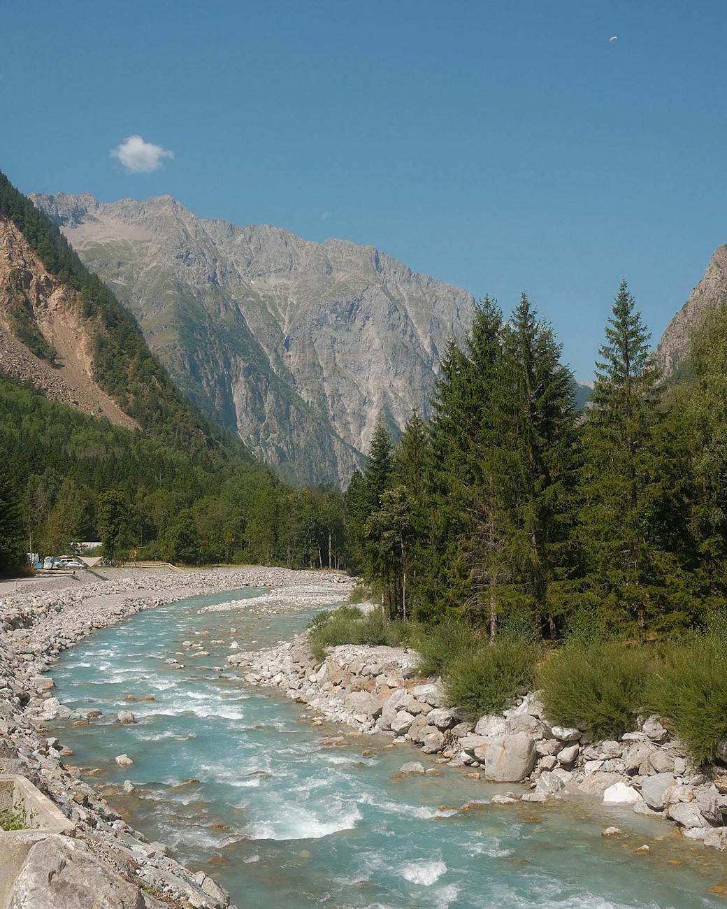 Rivière alpine traversant les montagnes en été