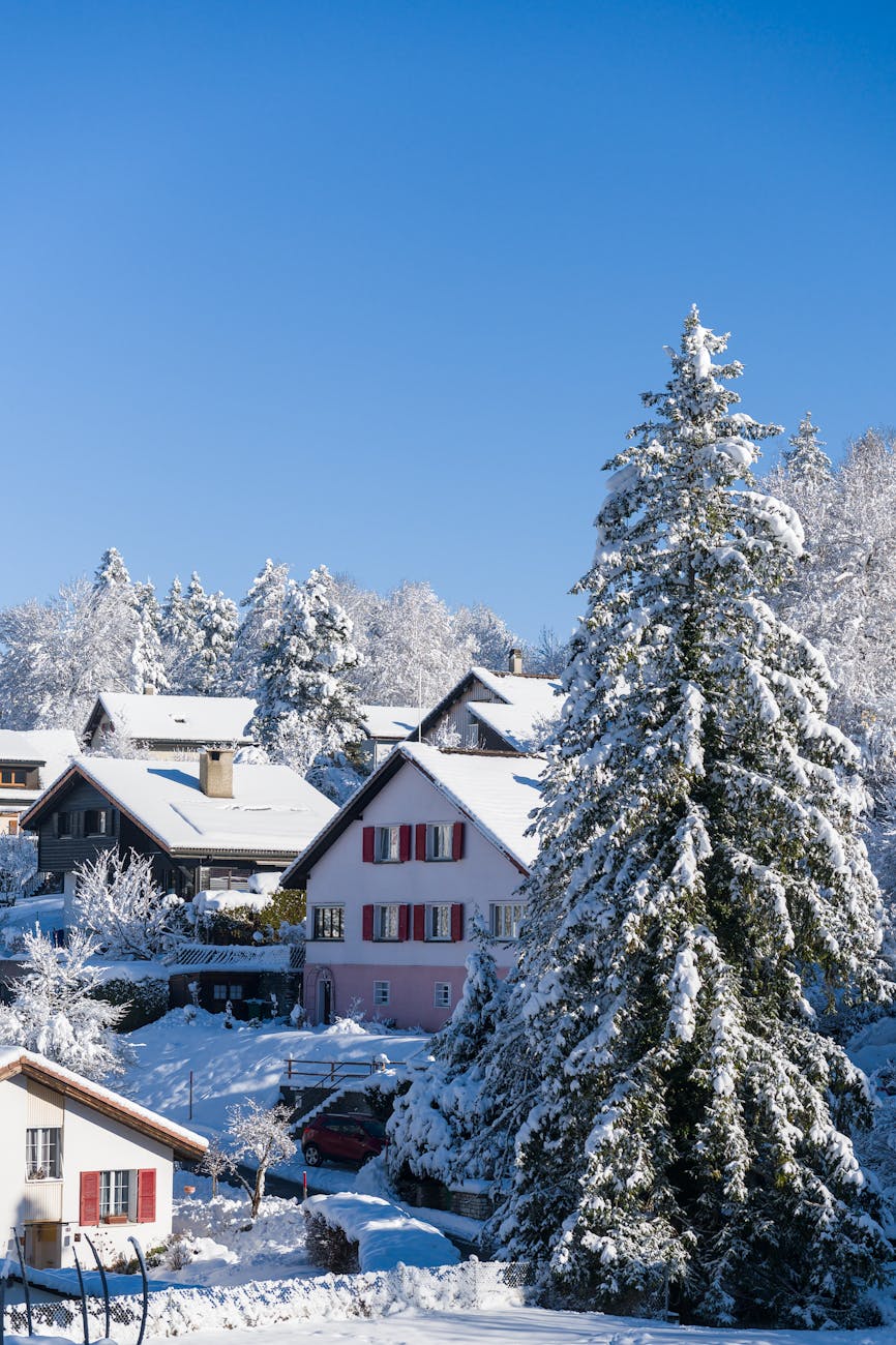 Village alpin enneigé en hiver
