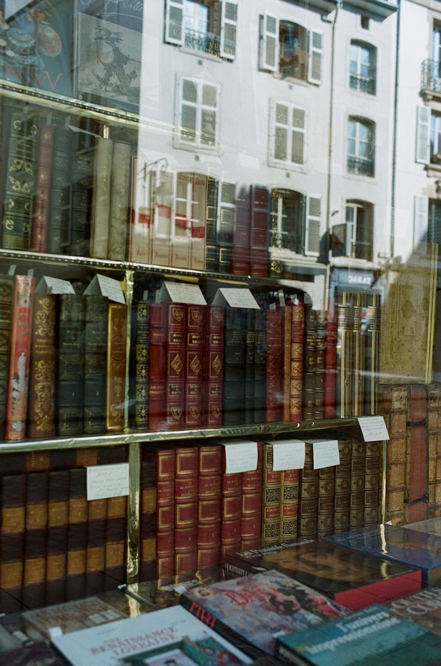 Livres anciens en vitrine d'une librairie à Nancy