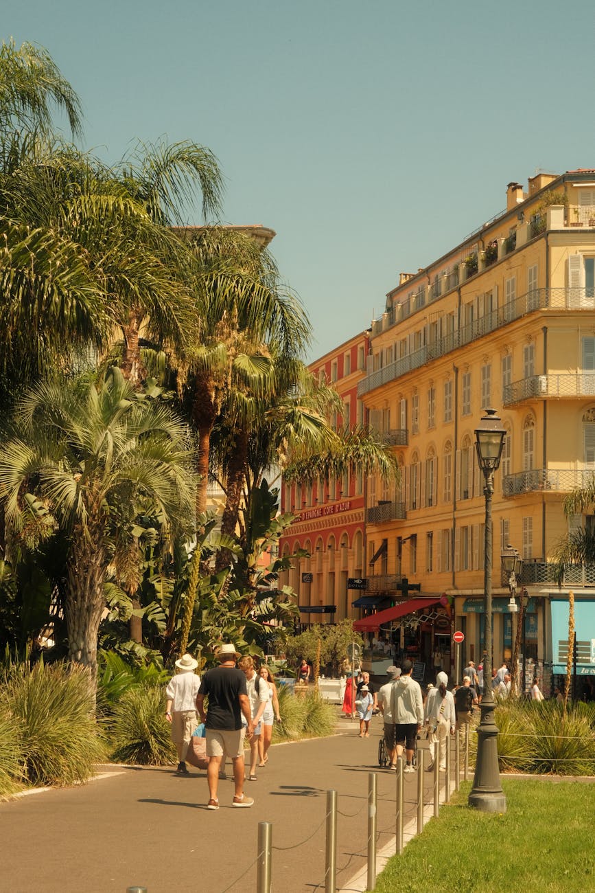 Promenade arborée avec façades historiques colorées et palmiers à Nice