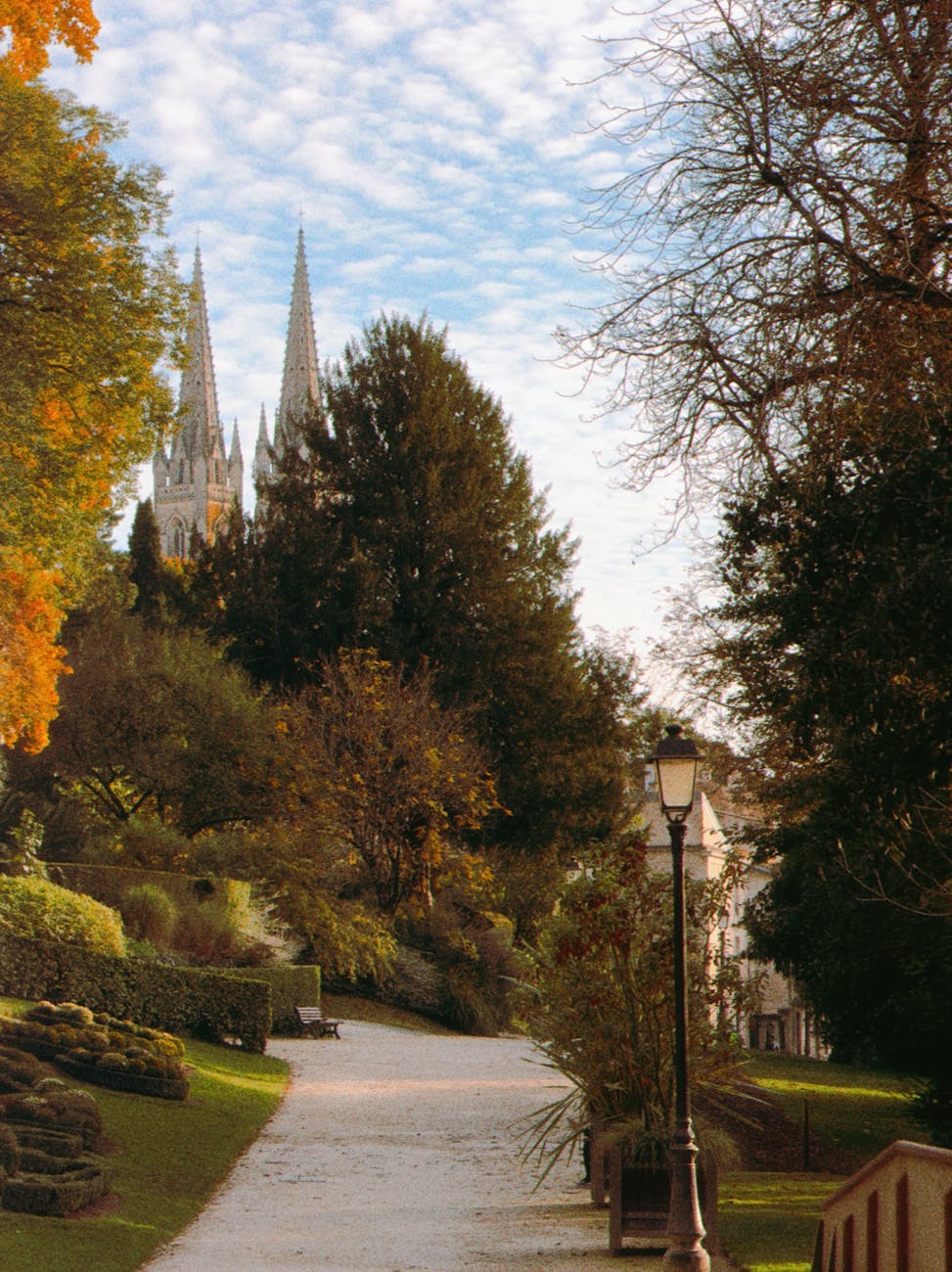 Parc niortais aux couleurs automnales avec la cathédrale en fond