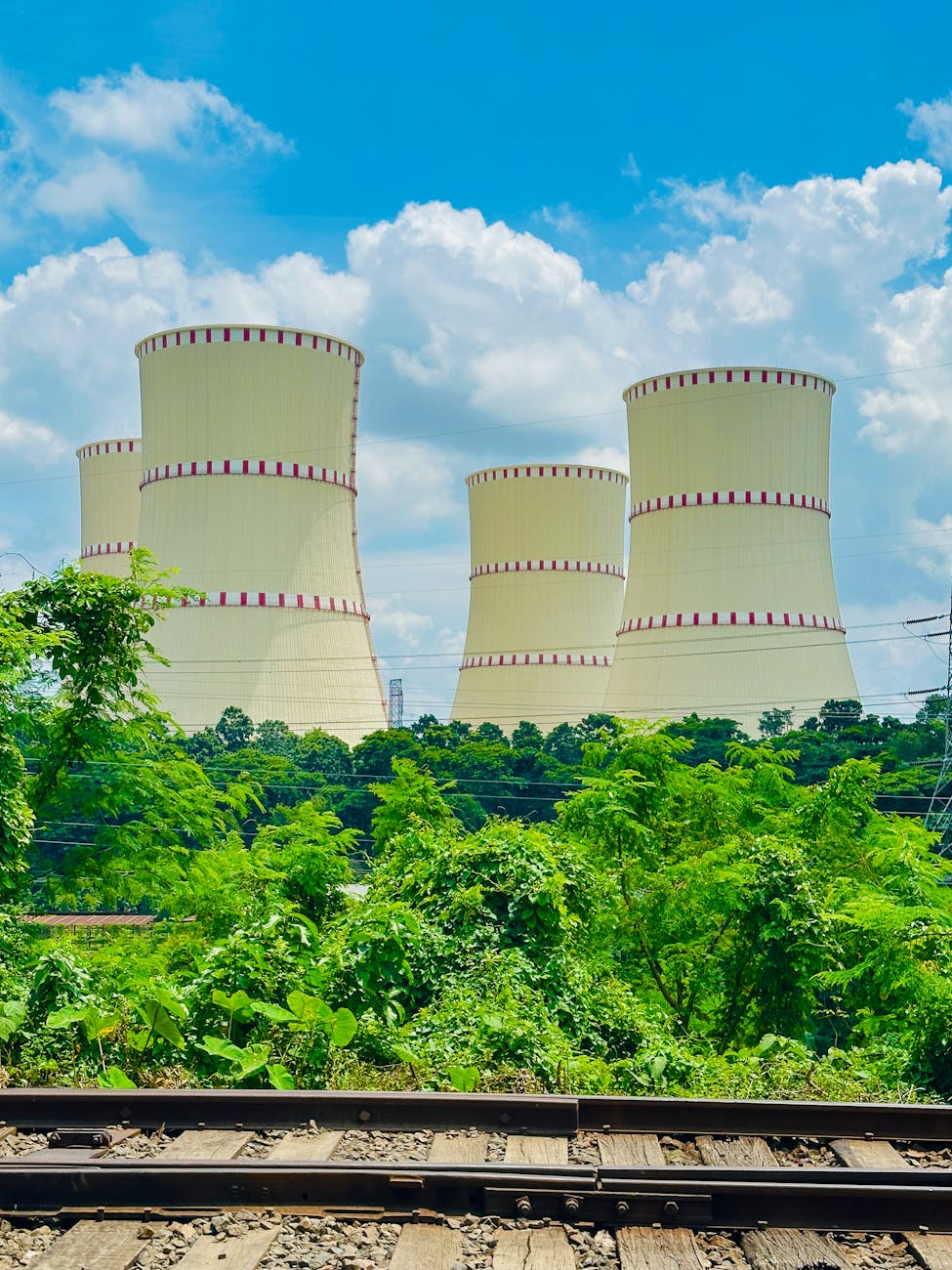 Tours de refroidissement d'une centrale nucléaire entourées de végétation