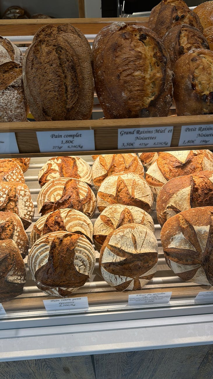 Présentation de pains artisanaux sur une étagère de boulangerie
