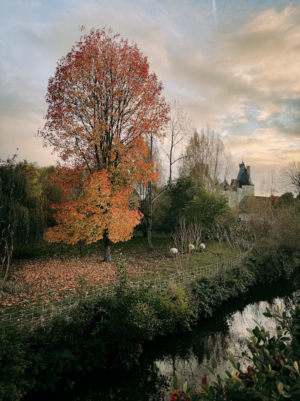 Campagne française en automne avec château au loin