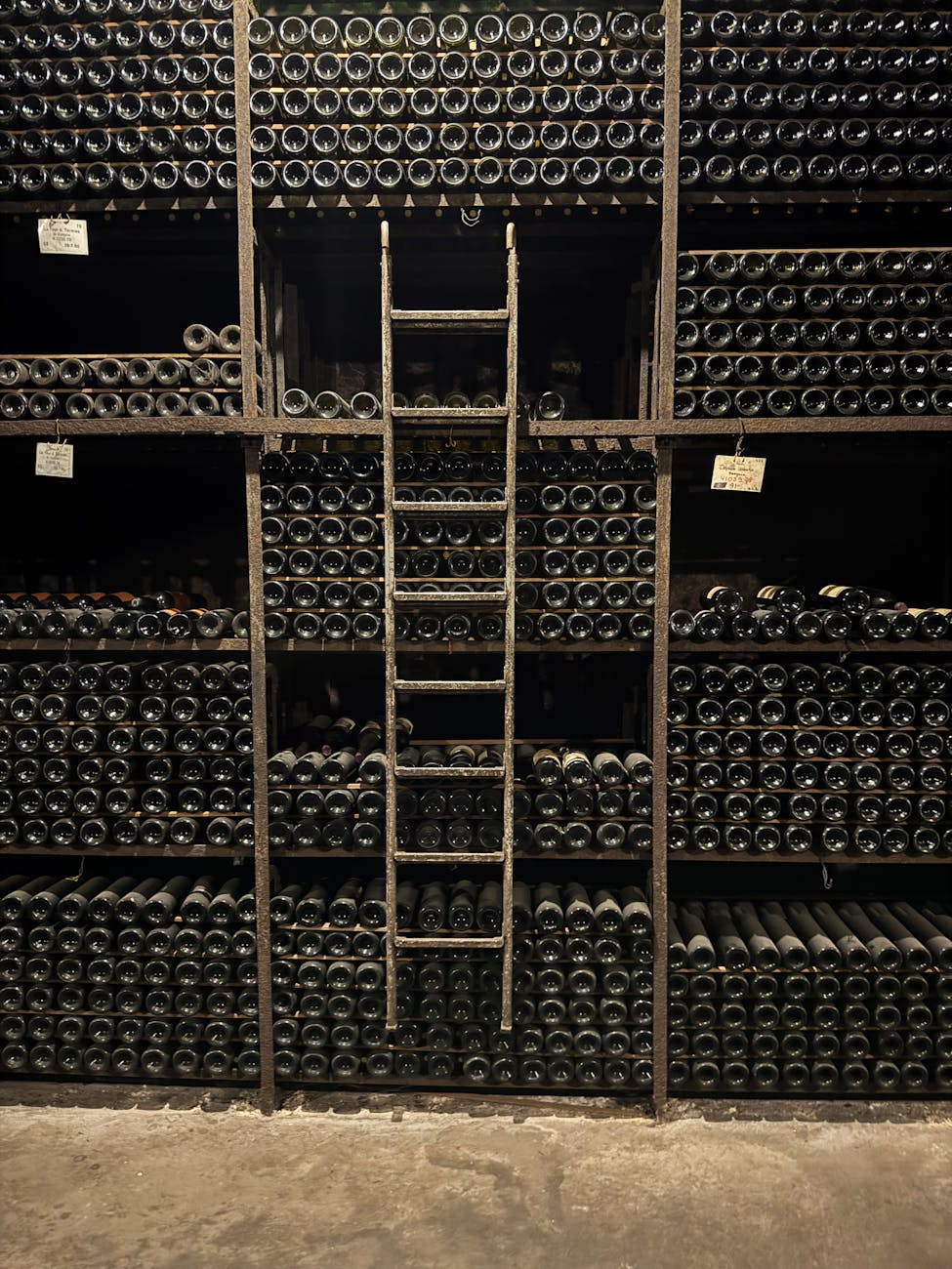 Cave à vin rustique avec bouteilles et échelle ancienne