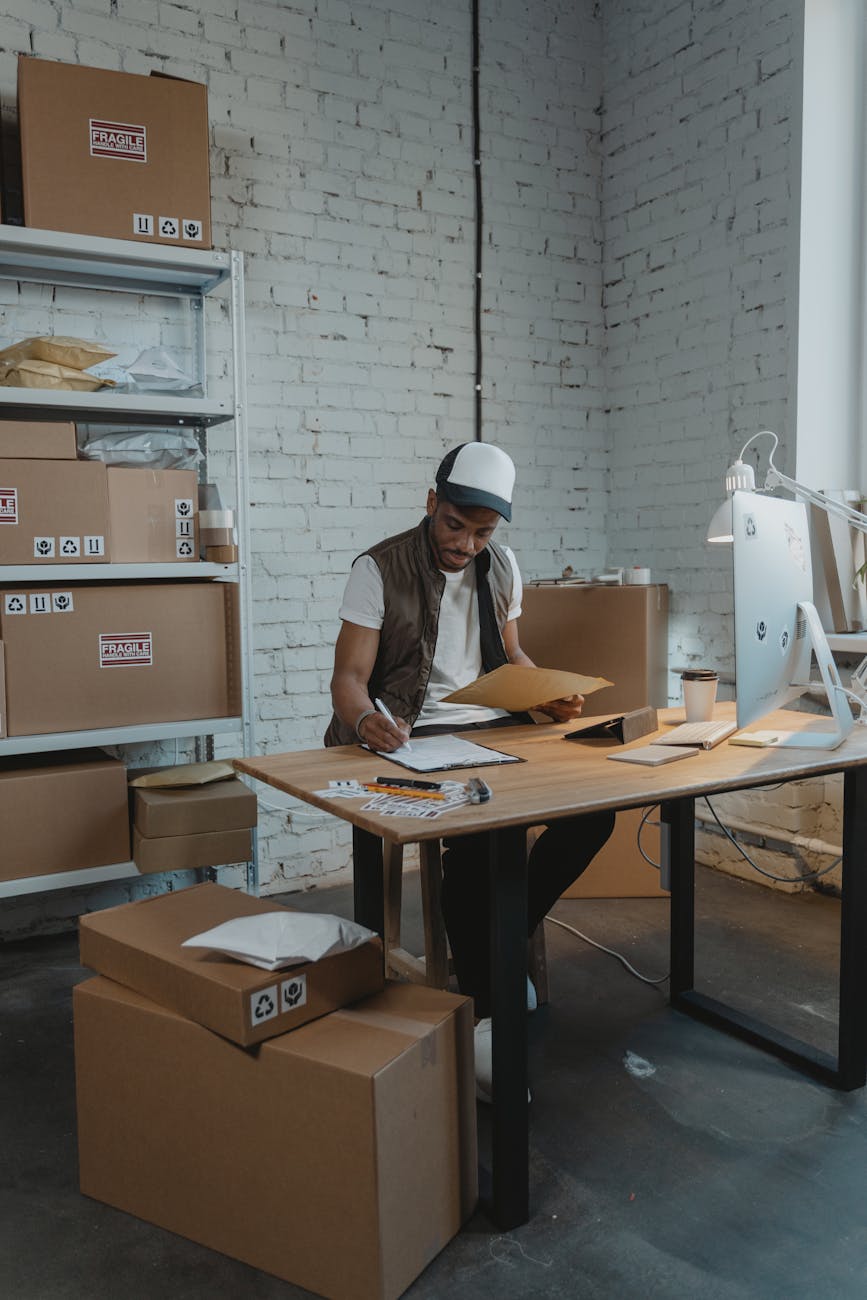 Salariée traitant des commandes dans un entrepôt logistique