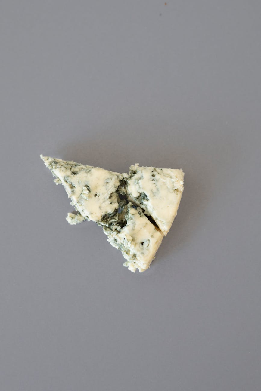 Tranche de fromage à pâte persillée sur fond gris