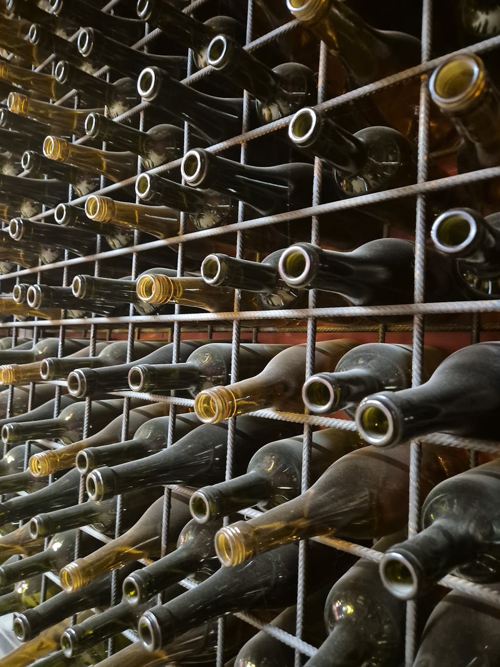 Rangées de bouteilles de vin alignées dans un casier de cave