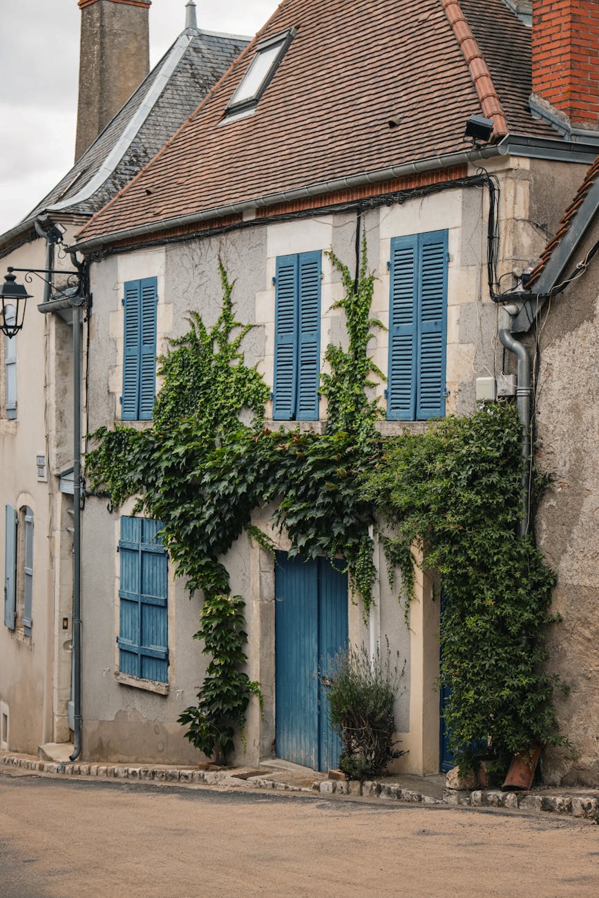 Maison classique en pierre avec volets bleus et lierre à Sancerre, charme rural français