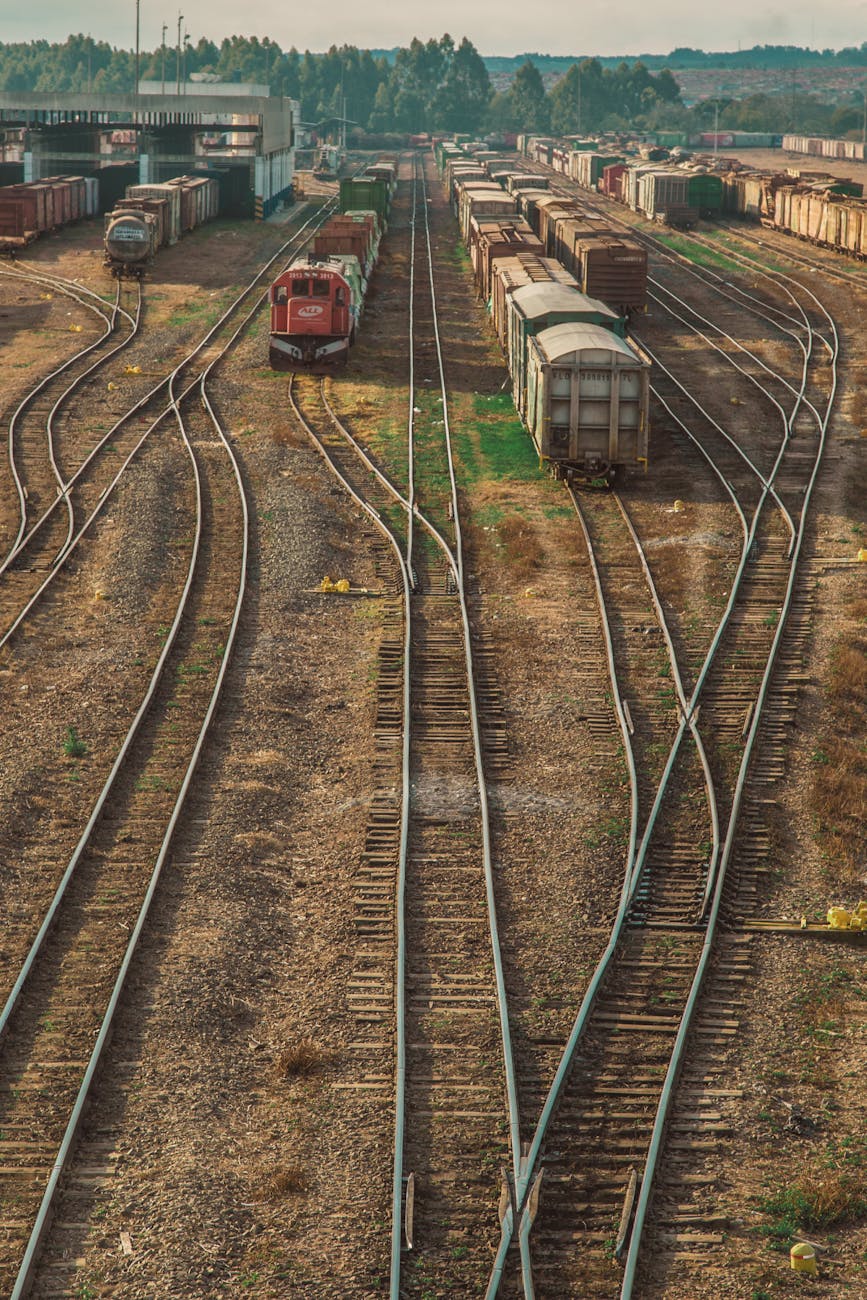 Vue aérienne de voies de chemin de fer et locomotives
