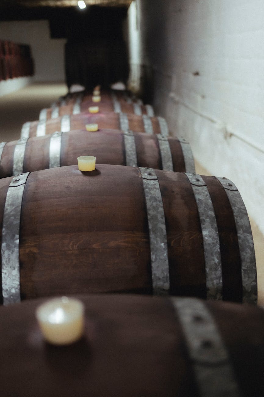 Rangée de tonneaux en bois dans une cave de vinification