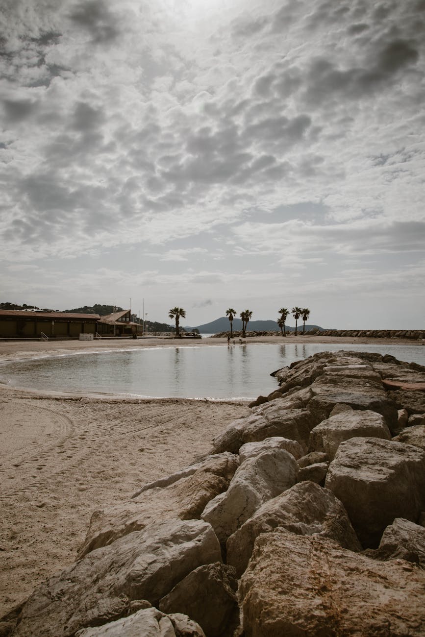 Plage avec rochers et palmiers à Toulon