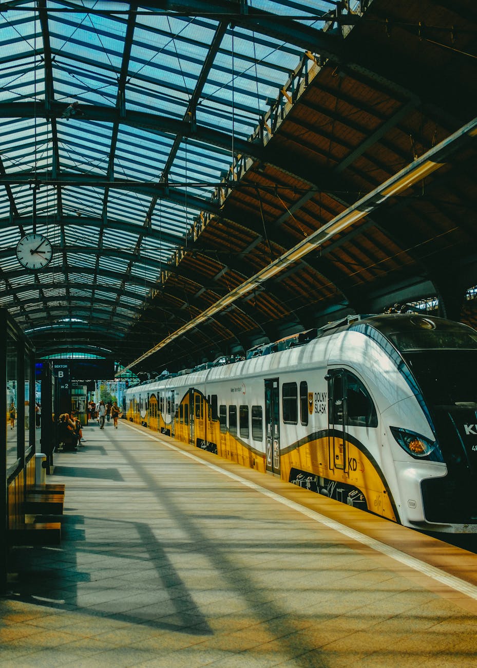 Train moderne sous une verrière de gare contemporaine