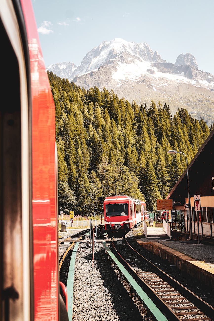 Trains rouges en gare de montagne
