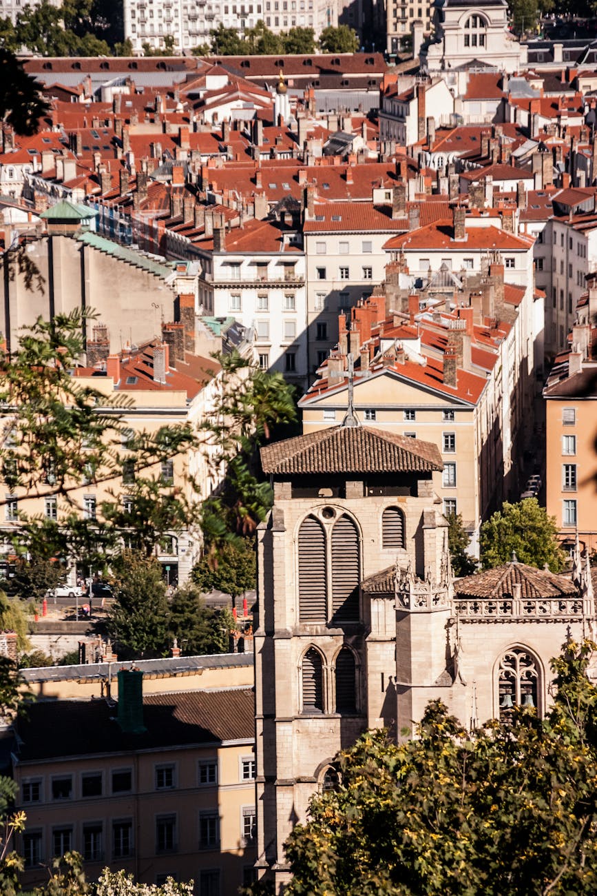 Vue aérienne de l'agglomération de Lyon avec ses toits