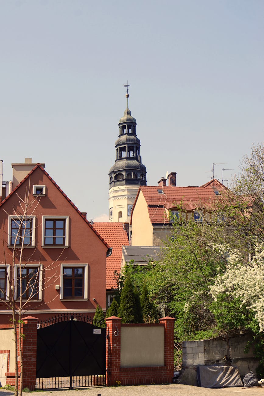 Wieża ratuszowa nad starówką Zielonej Góry wiosną