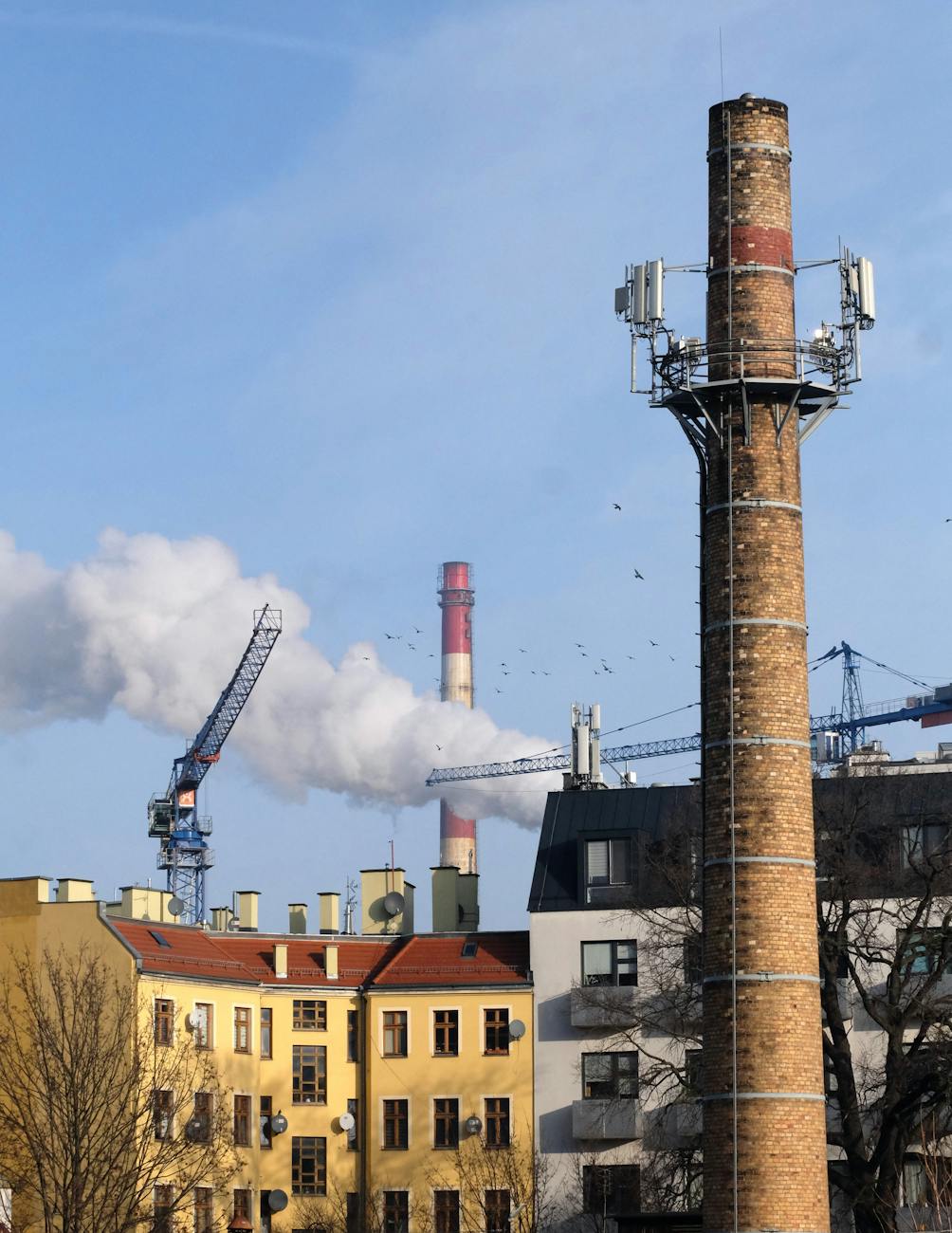 Krajobraz miejski z kominami i dźwigami budowlanymi